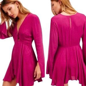 FREE PEOPLE 100% Rayon Jackson Fuchsia Tunic / Mini Dress Bell Sleeve Boho Sz 2